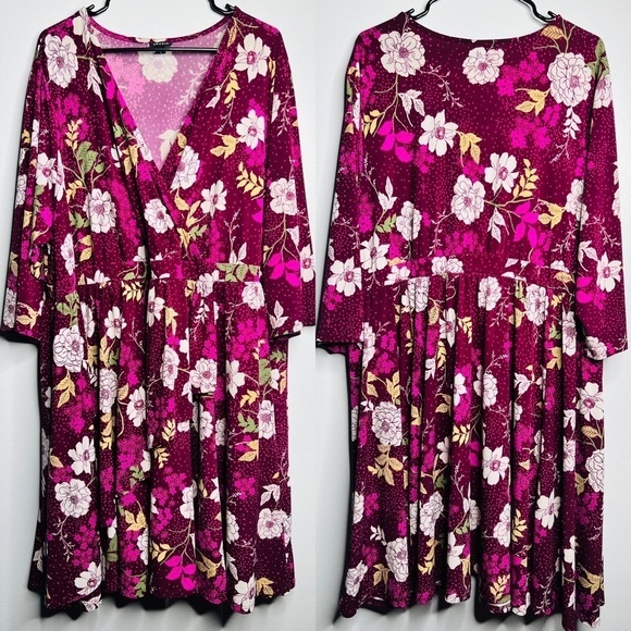 Torrid 4X Plum Floral Midi Dress V-Neck Stretch Waist Boho Chic - Picture 2 of 9